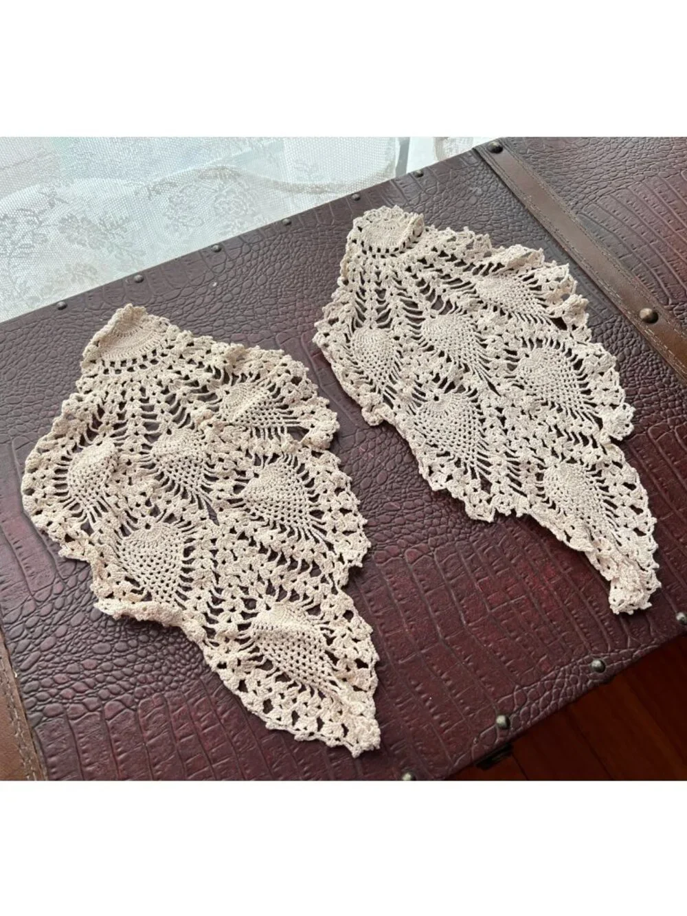Two Vintage Off White Pineapple/Peacock Feather Fan Teardrop Shape Crochet Doily